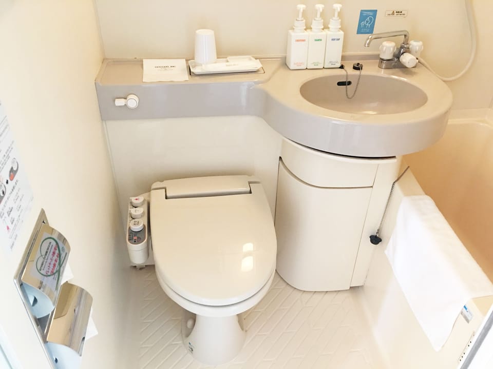 Combined shower/tub, free toiletries, hair dryer, slippers