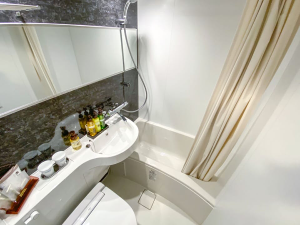 Combined shower/tub, hair dryer, slippers, electronic bidet