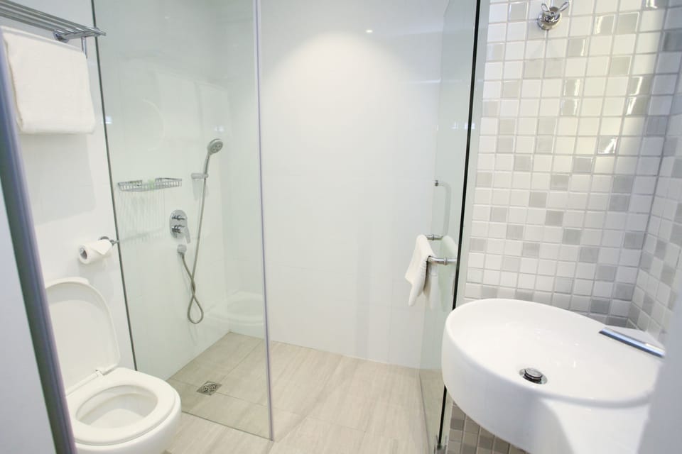 Shower, free toiletries, hair dryer, towels
