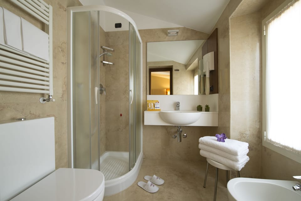 Hair dryer, bidet, towels, soap