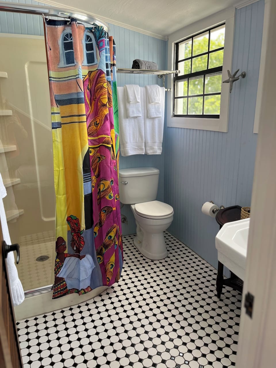 Shower, eco-friendly toiletries, hair dryer, towels
