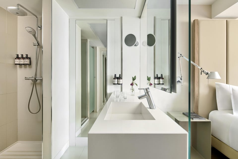 Shower, rainfall showerhead, eco-friendly toiletries, hair dryer