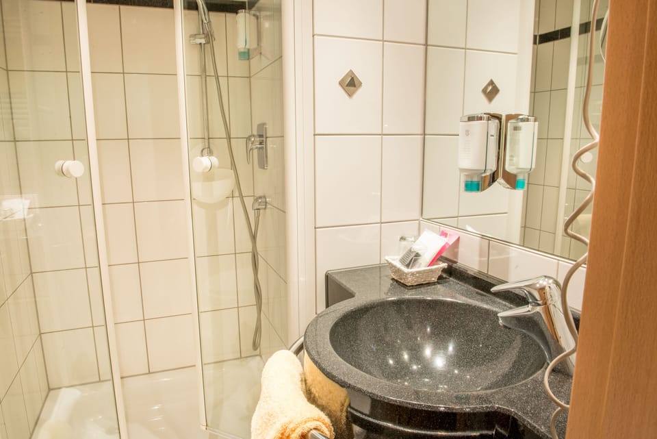 Shower, free toiletries, hair dryer, slippers