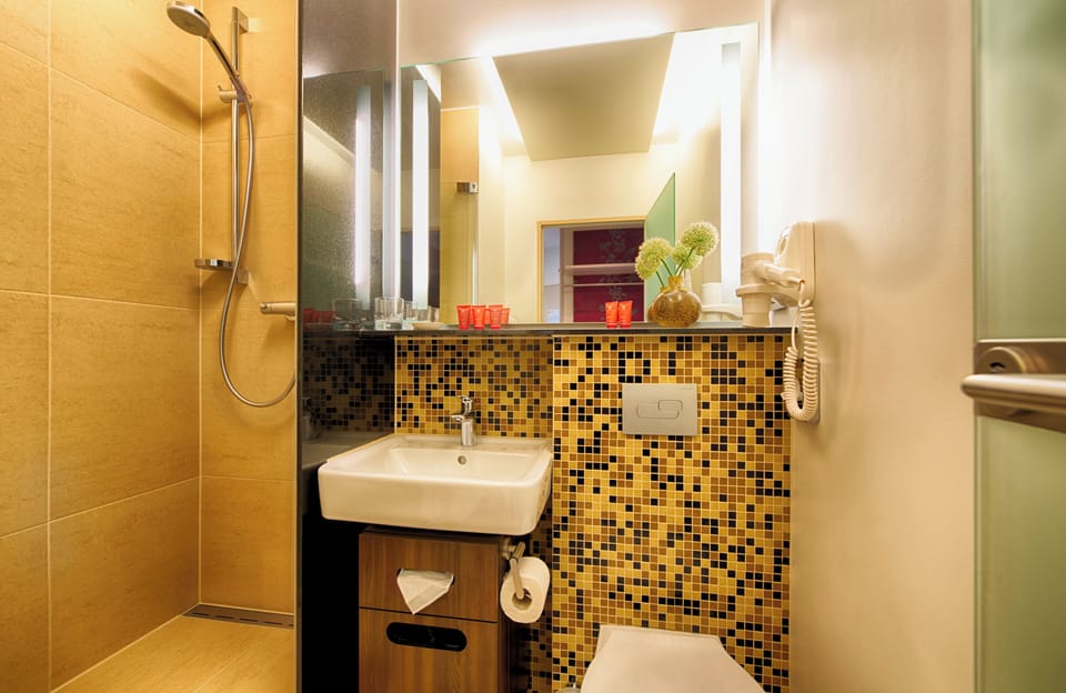 Shower, free toiletries, hair dryer, towels