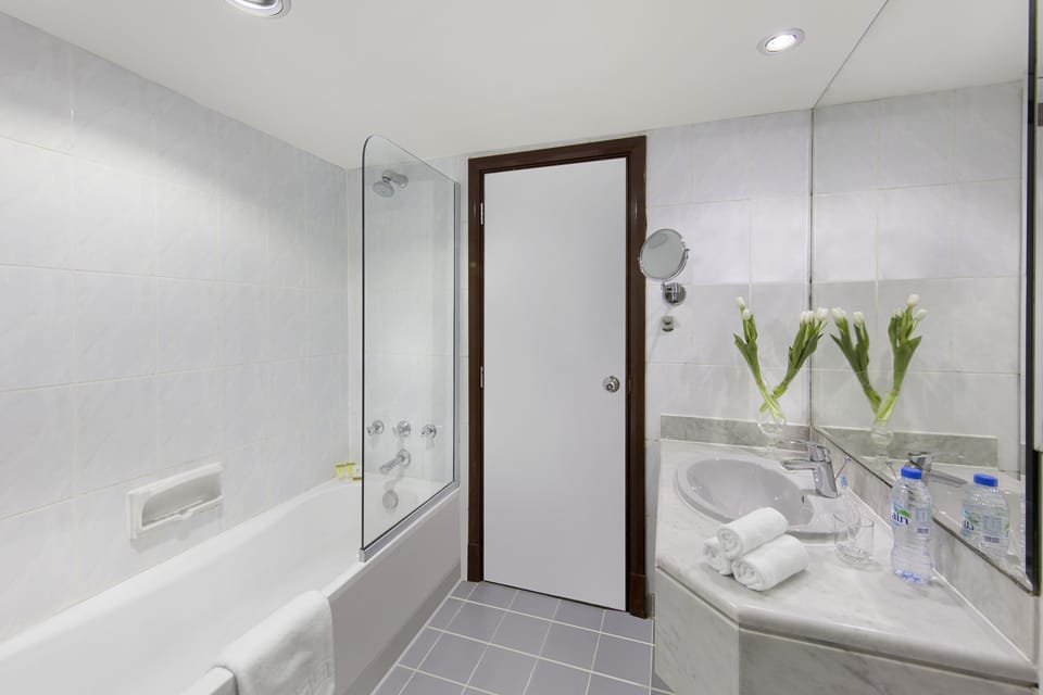 Combined shower/tub, free toiletries, hair dryer, bidet