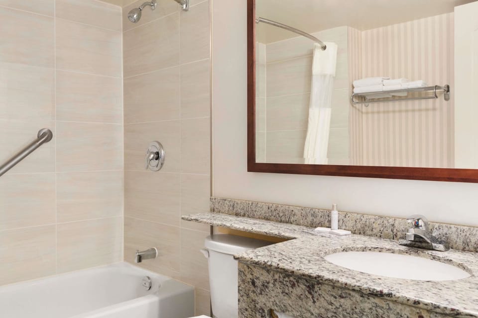 Combined shower/tub, free toiletries, hair dryer, towels