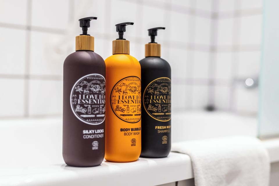 Free toiletries, hair dryer, towels, soap