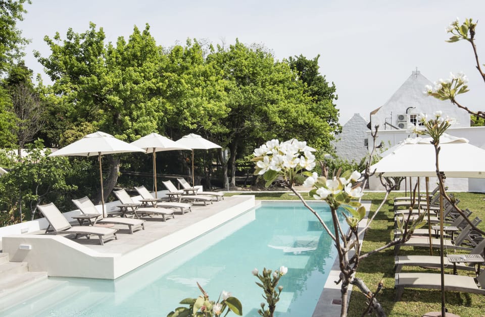 Outdoor pool, pool umbrellas, sun loungers