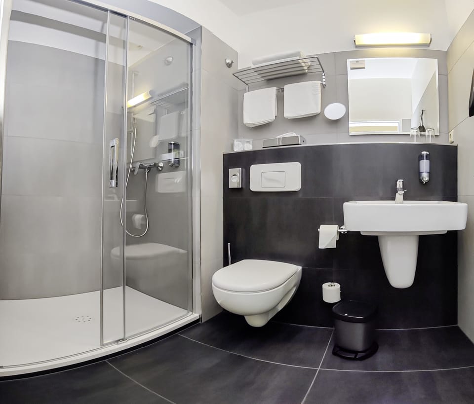 Shower, free toiletries, hair dryer, towels