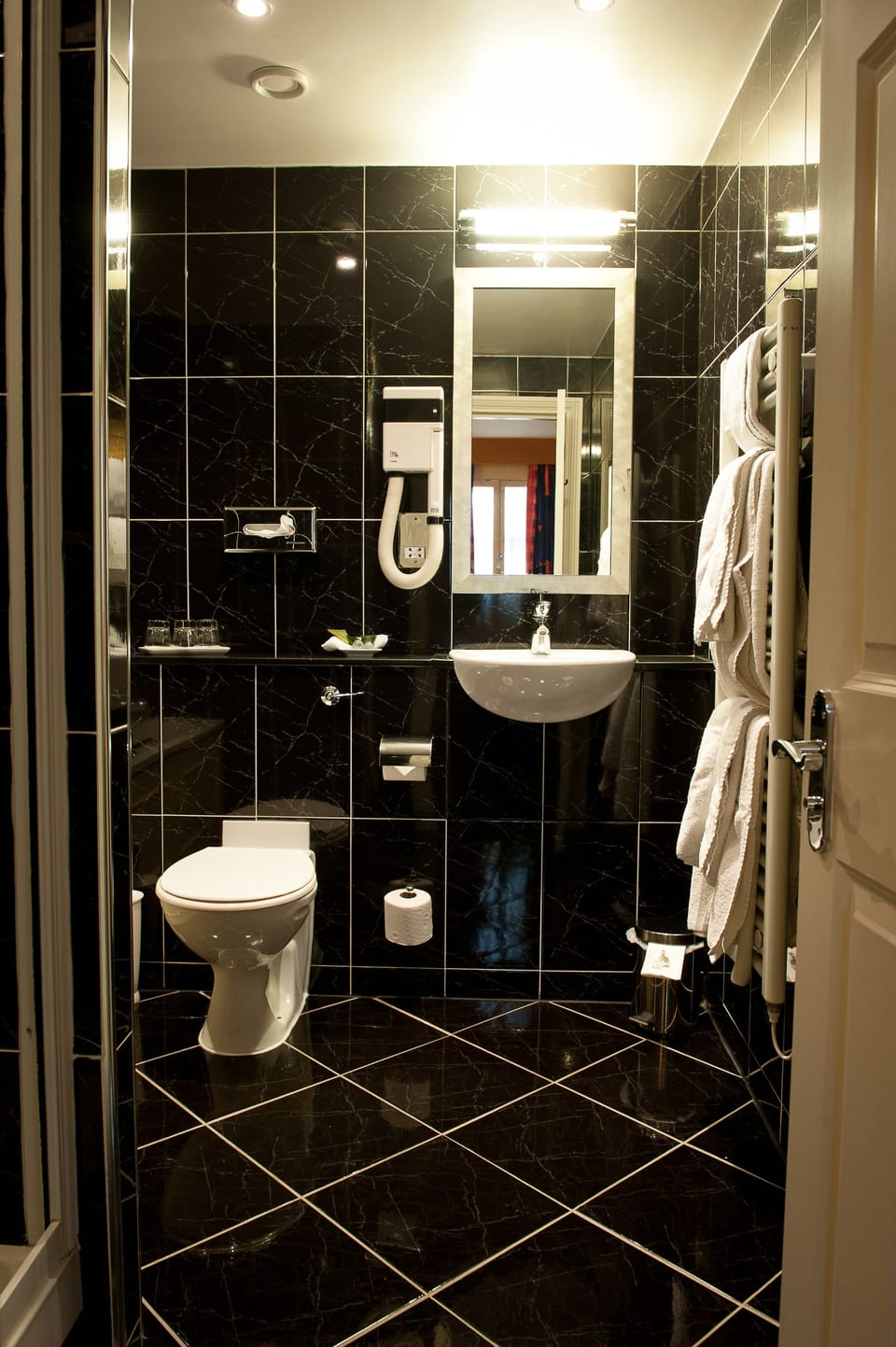 Combined shower/tub, free toiletries, hair dryer, towels