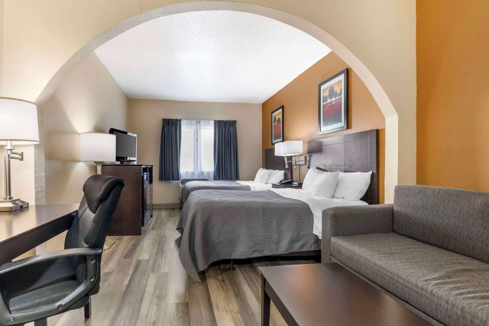 Individually furnished, desk, laptop workspace, blackout drapes