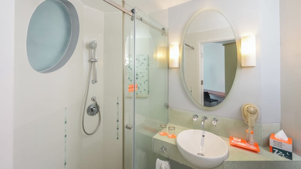 Shower, eco-friendly toiletries, hair dryer, bathrobes