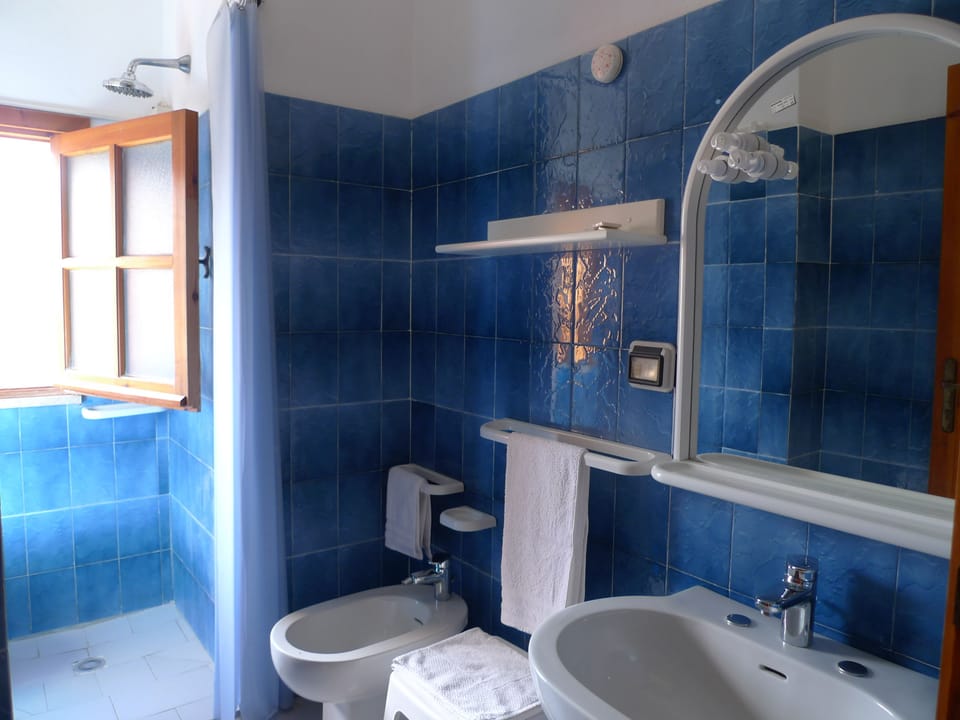 Shower, rainfall showerhead, free toiletries, hair dryer