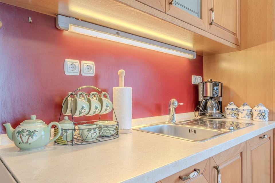 Full-size fridge, oven, stovetop, coffee/tea maker