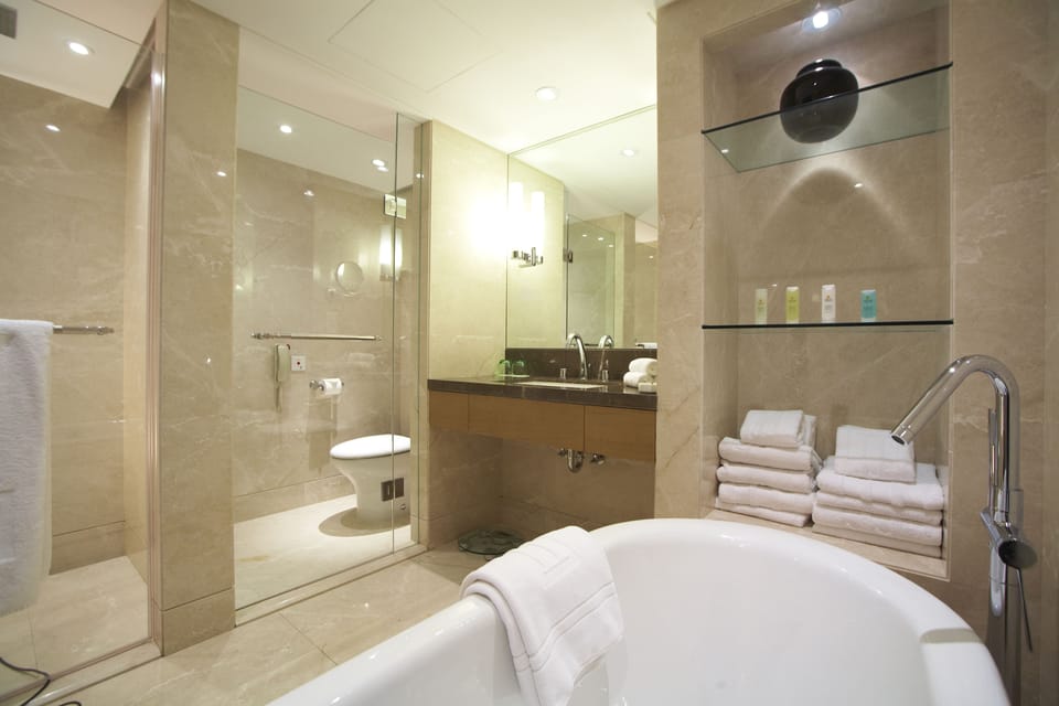 Combined shower/tub, hair dryer, bathrobes, slippers