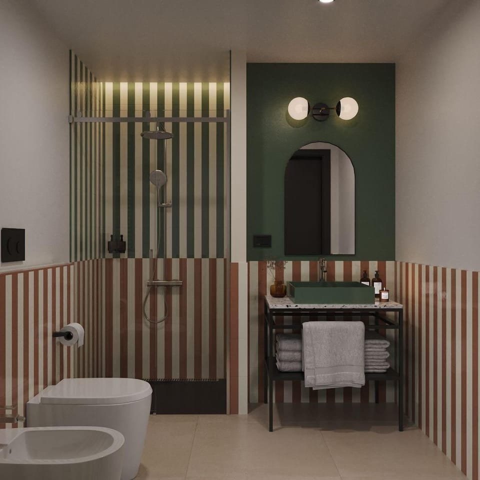 Shower, rainfall showerhead, hair dryer, heated floors