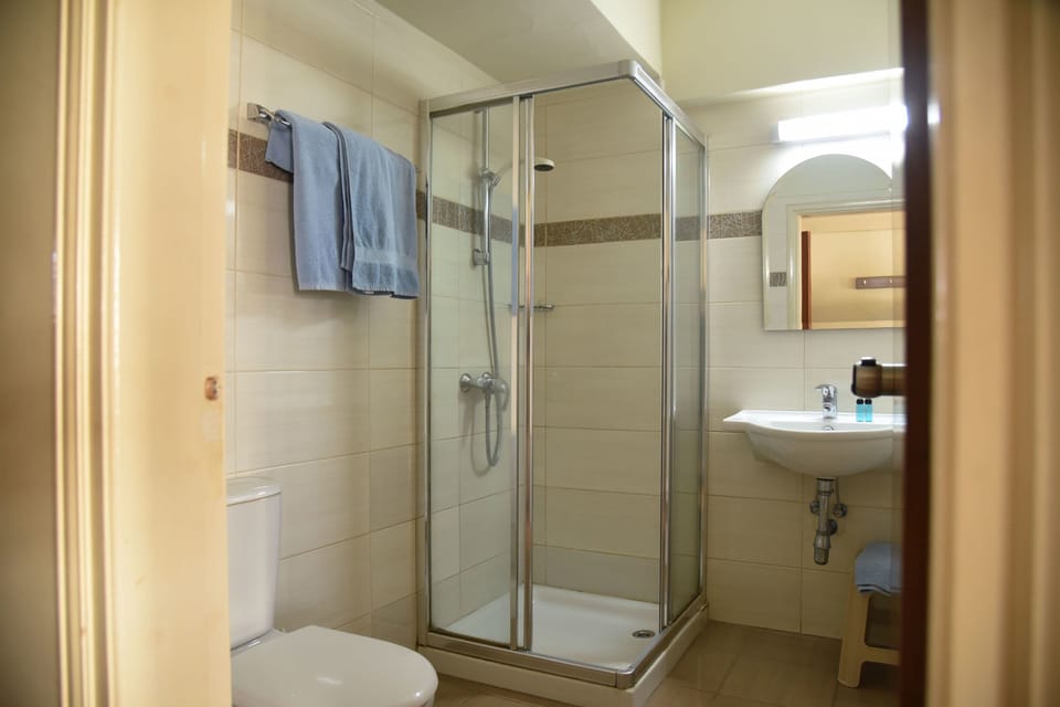 Shower, free toiletries, towels