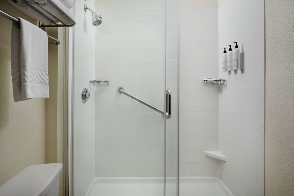 Combined shower/tub, free toiletries, hair dryer, towels