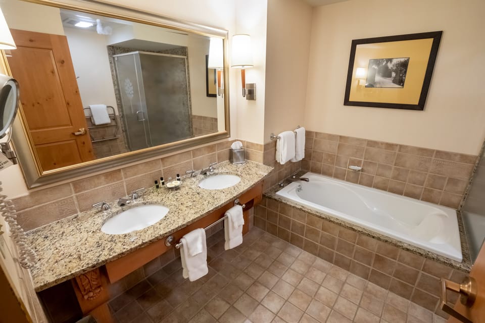 Premium Room, 1 King Bed, Accessible, Fireplace | Bathroom | Combined shower/tub, free toiletries, hair dryer, towels