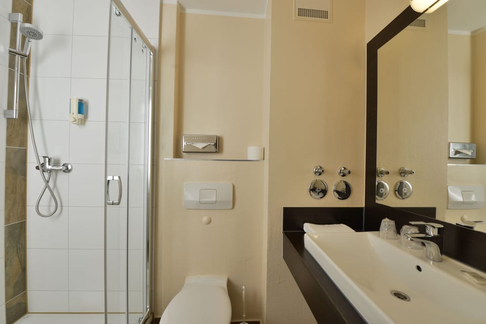 Shower, free toiletries, hair dryer, towels