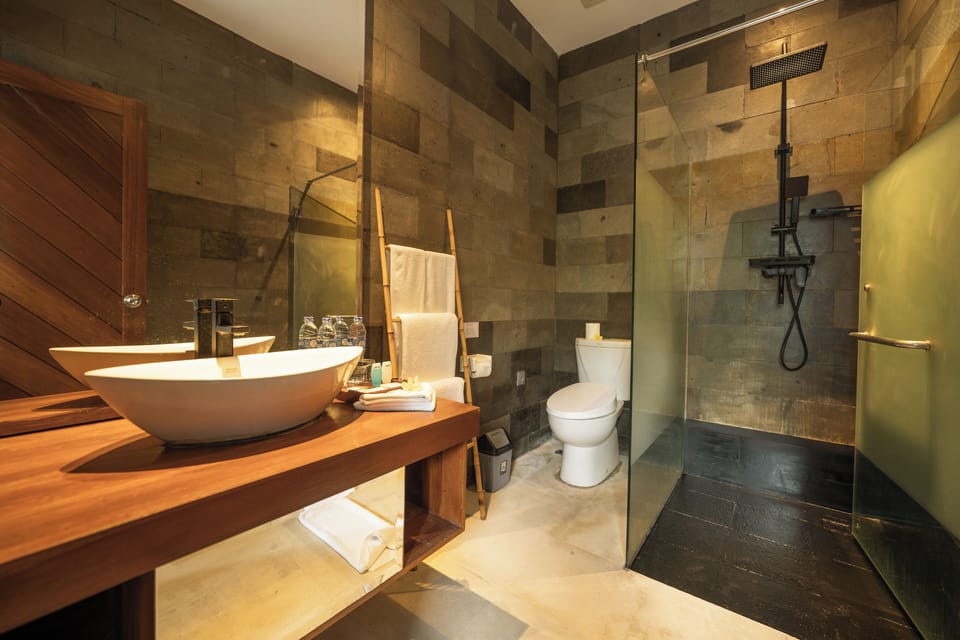 Shower, rainfall showerhead, eco-friendly toiletries, hair dryer