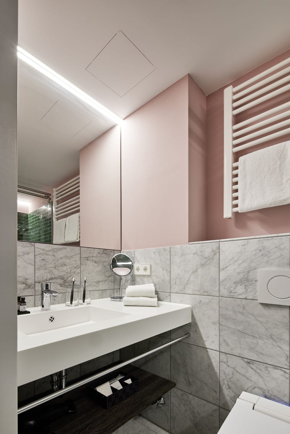 Shower, designer toiletries, hair dryer, bidet