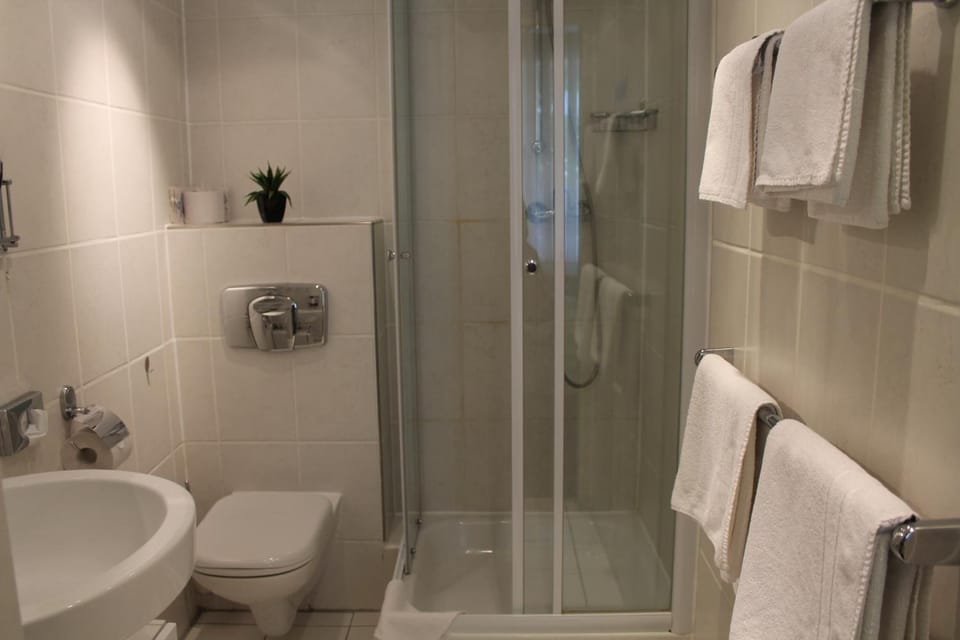 Shower, free toiletries, hair dryer, towels