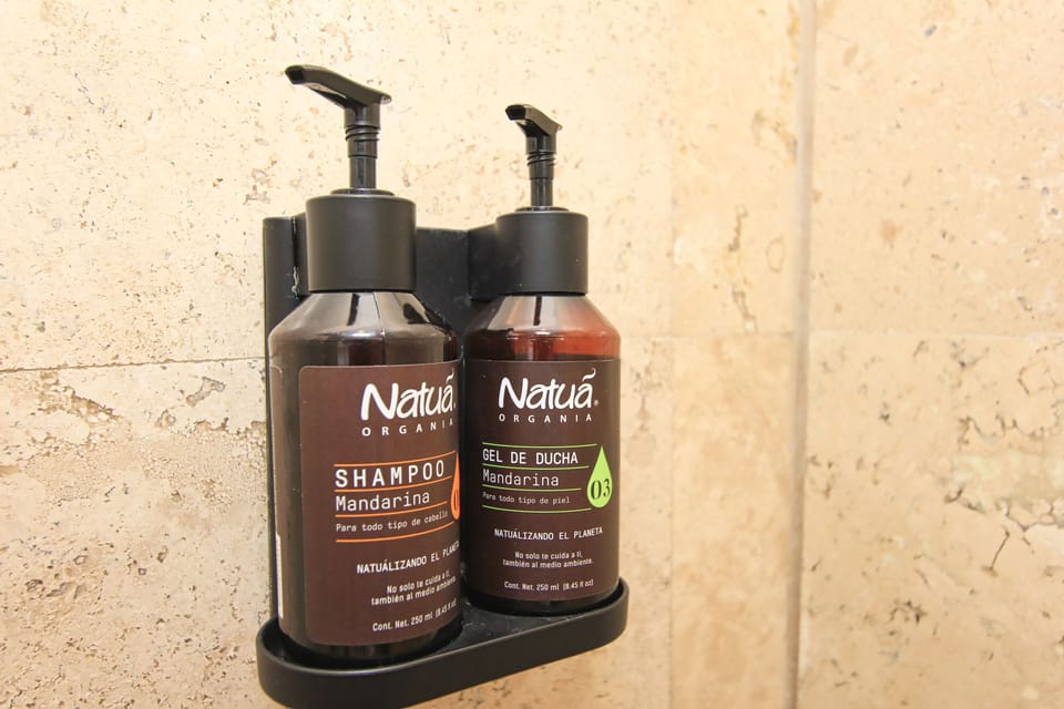 Shower, towels, soap, shampoo