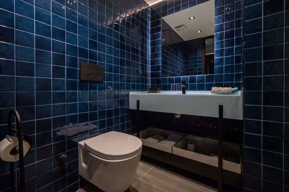 Shower, rainfall showerhead, free toiletries, hair dryer