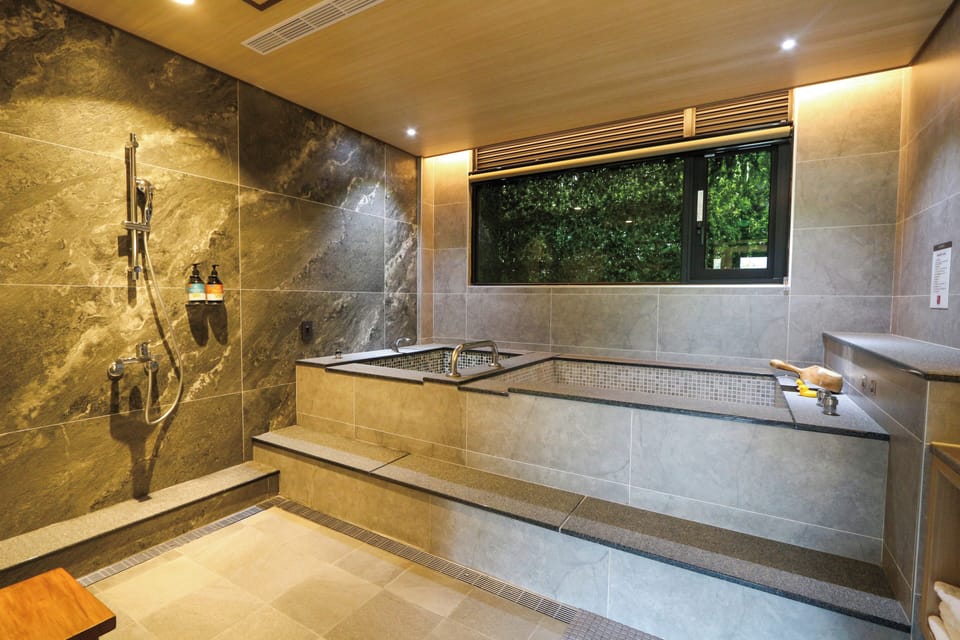 Hair dryer, slippers, towels, shampoo