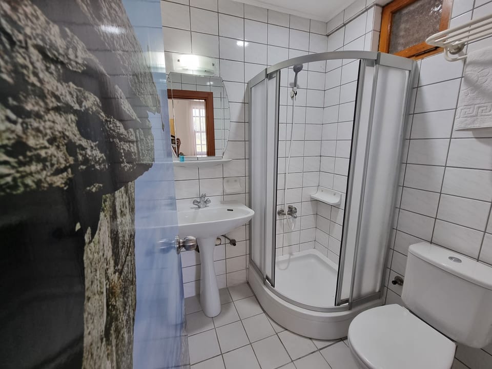 Shower, hair dryer, slippers, towels