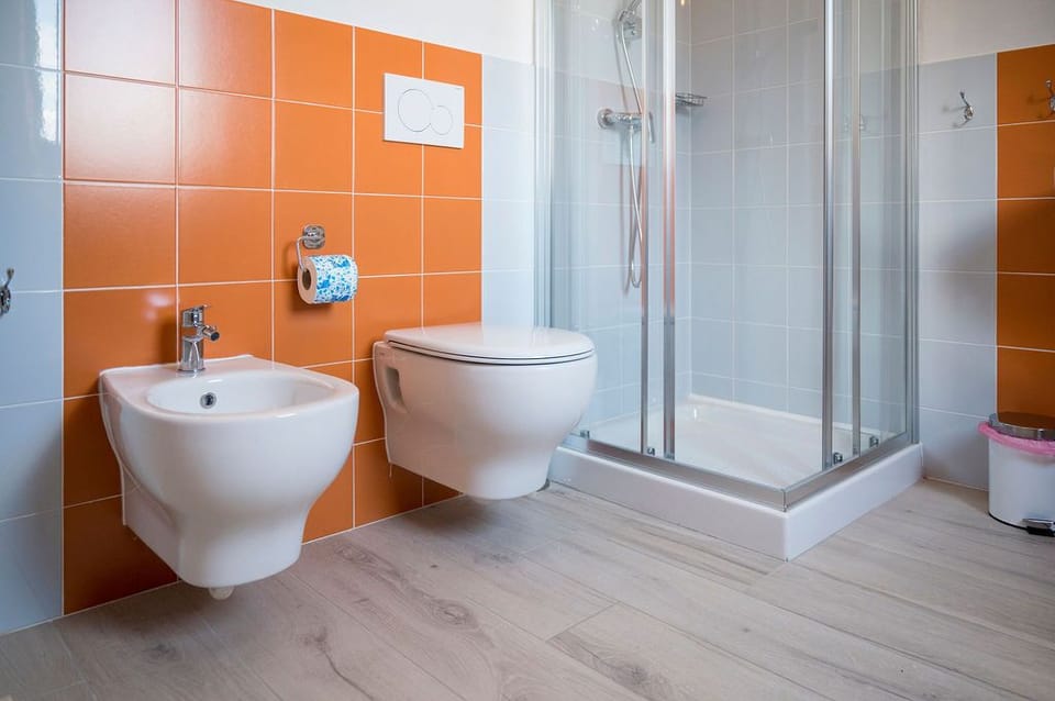 Comfort Room (Nebbiolo D'Alba) | Bathroom | Shower, rainfall showerhead, hair dryer, bidet