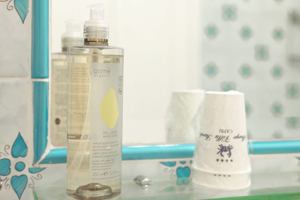 Designer toiletries, hair dryer, slippers, bidet