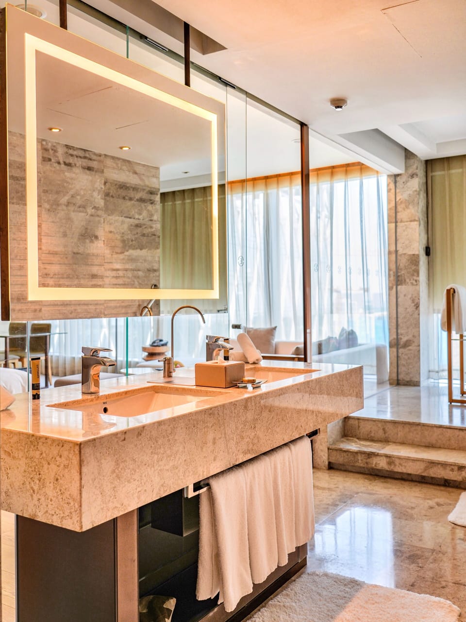 Shower, rainfall showerhead, designer toiletries, hair dryer