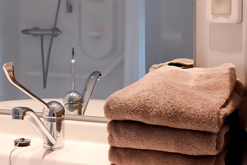 Shower, free toiletries, hair dryer, towels