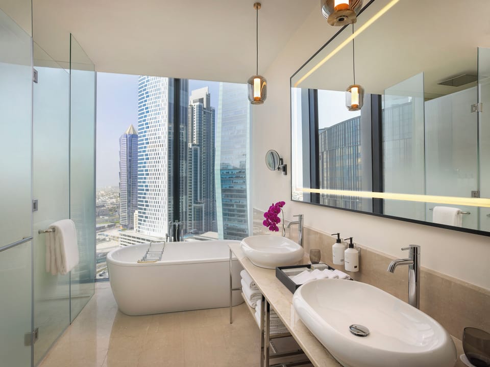 Separate tub and shower, free toiletries, hair dryer, bathrobes