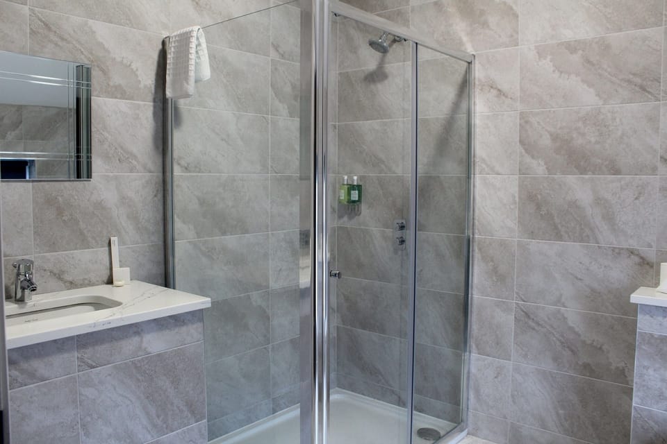 Shower, hair dryer, towels, toilet paper