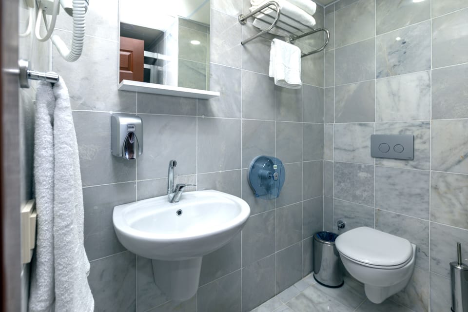 Shower, hydromassage showerhead, free toiletries, hair dryer