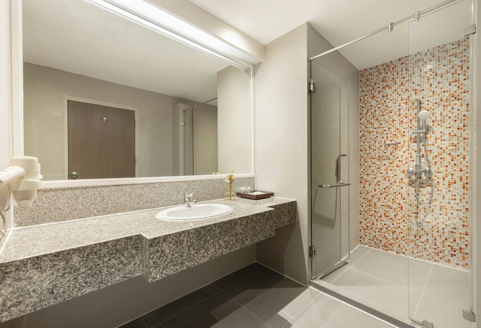 Shower, free toiletries, hair dryer, towels