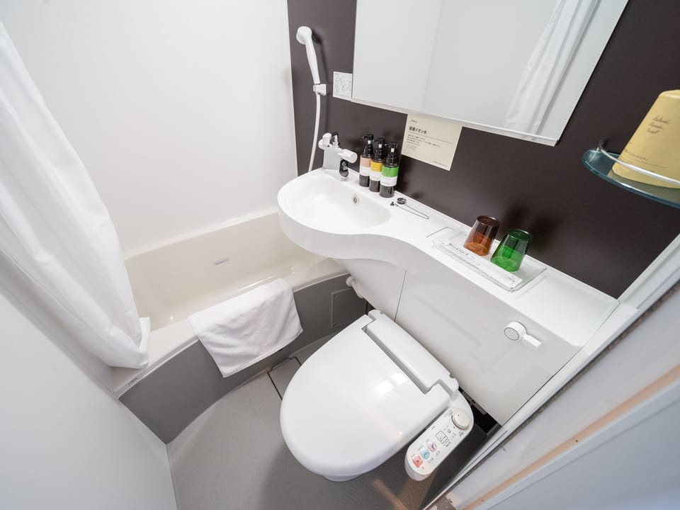 Combined shower/tub, deep soaking tub, free toiletries, hair dryer