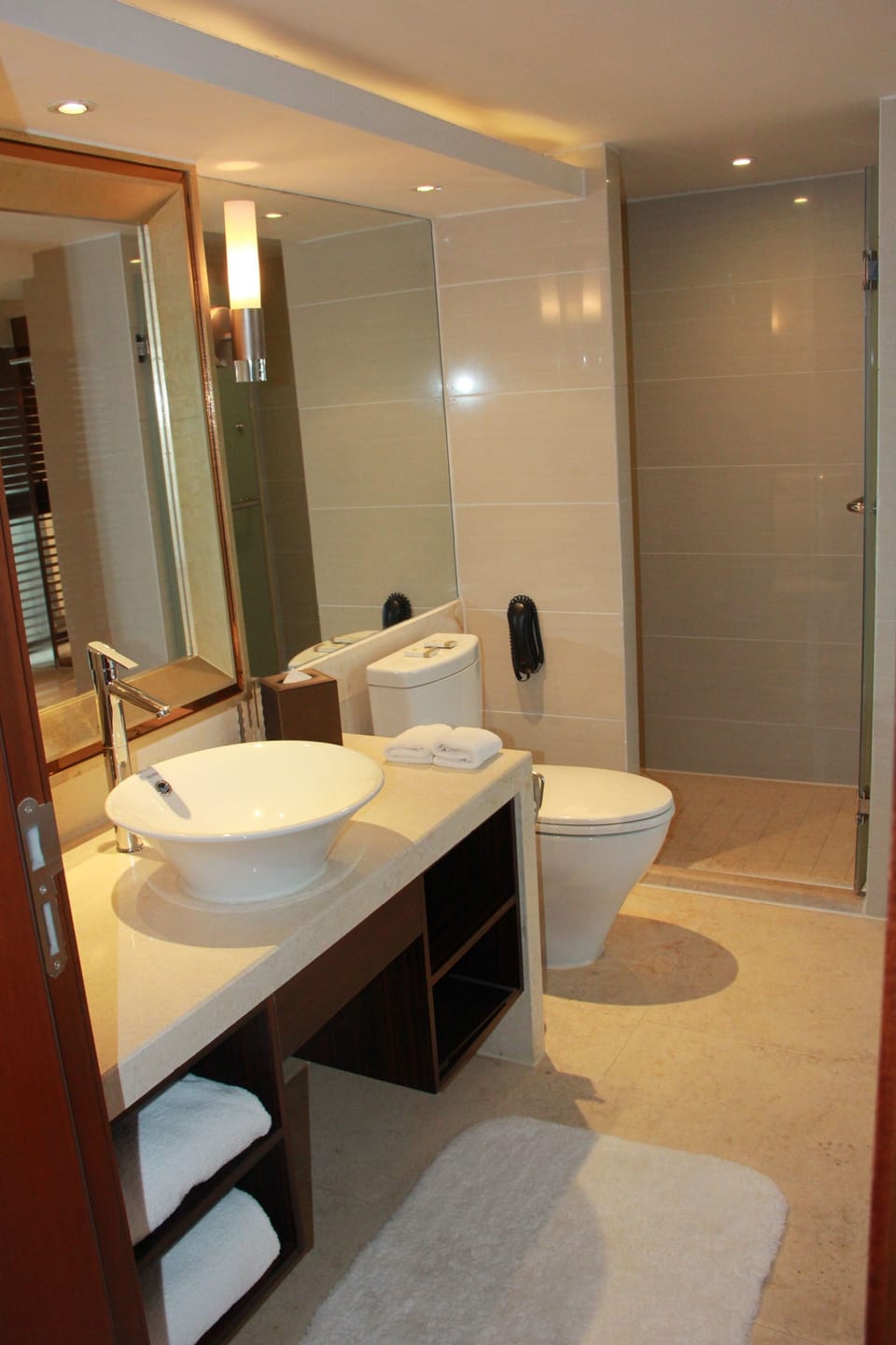 Combined shower/tub, hair dryer, bathrobes, bidet