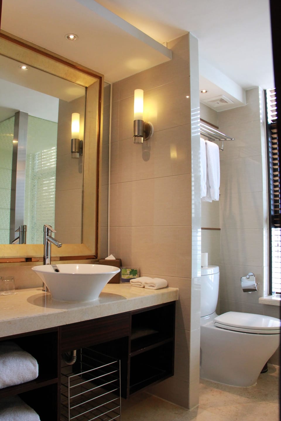 Combined shower/tub, hair dryer, bathrobes, bidet