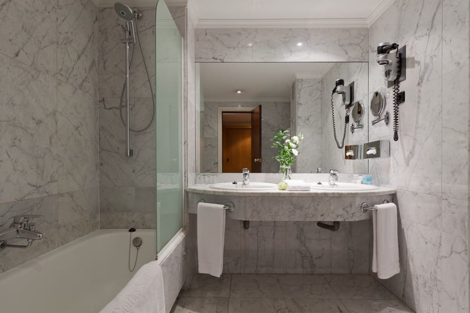 Combined shower/tub, free toiletries, hair dryer, bidet
