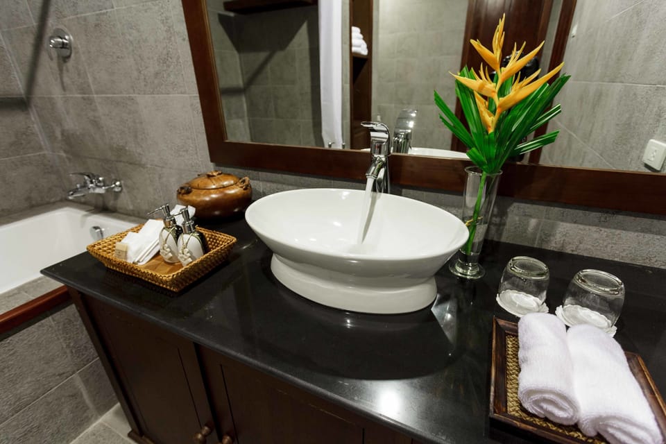 Combined shower/tub, hair dryer, bathrobes, slippers