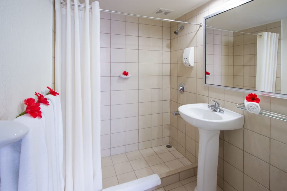 Shower, rainfall showerhead, free toiletries, hair dryer