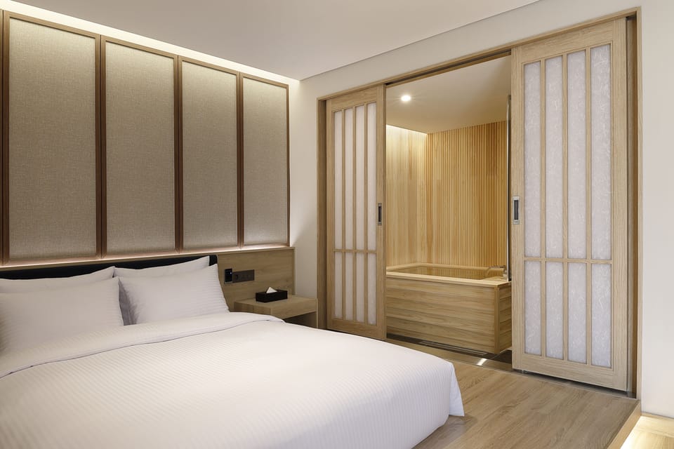 Deluxe Hinoki bath Double - Free Breakfast for 2 (Rice Noodle) Room is larger than most in Busan | Premium bedding, down comforters, in-room safe, desk