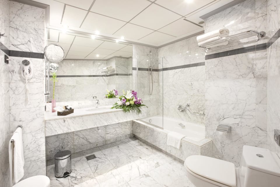 Combined shower/tub, designer toiletries, hair dryer, bidet