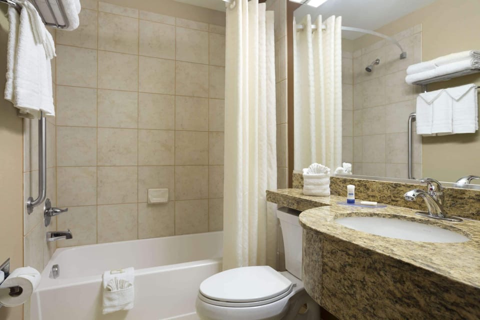Combined shower/tub, free toiletries, hair dryer, towels