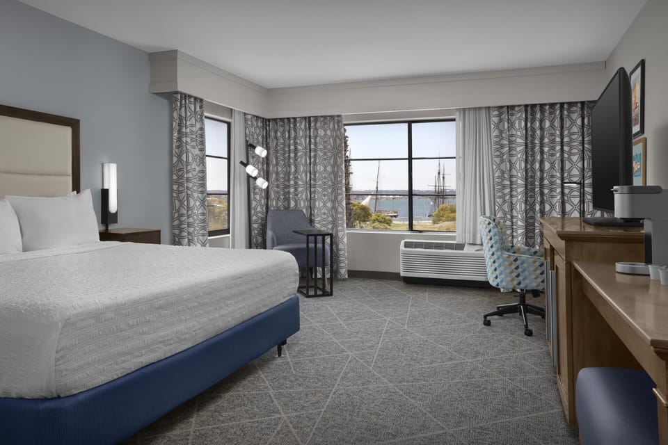Premium bedding, pillowtop beds, desk, laptop workspace