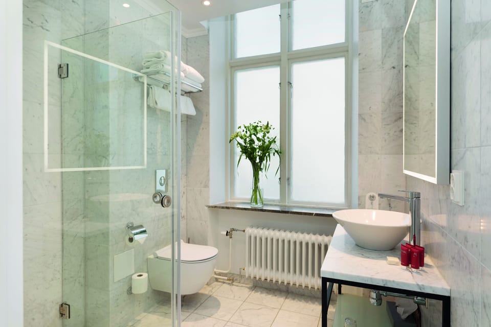 Eco-friendly toiletries, hair dryer, towels